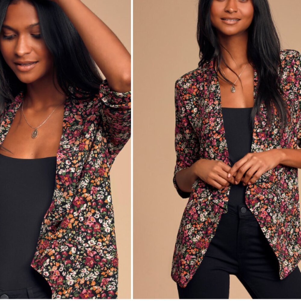 Lulu's Miss Punctuality Pink and Black Floral Print Lightweight Blazer - Picture 10 of 12